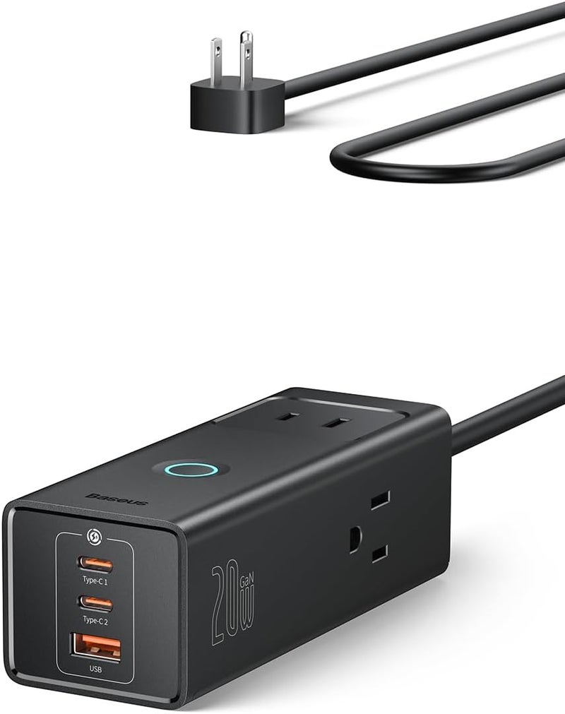Baseus موزع الطاقة PD20W شاحن USB C مع 3 مآخذ AC و 3 منافذ USB محطة شحن سريعة للمكتب وغرفة النوم والمنزل - Image 1